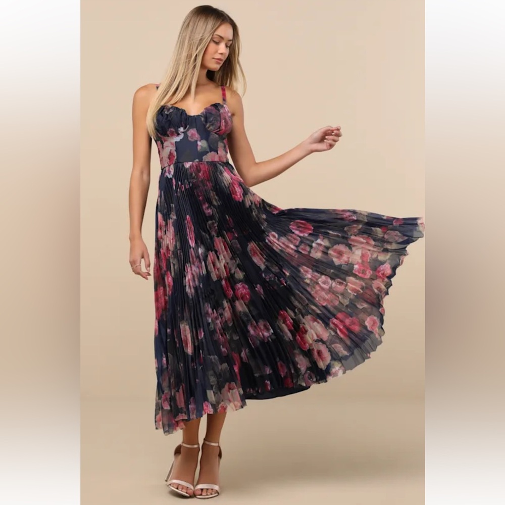 Lulus Floral Pleated Bustier Women’s Midi Dress Sz S